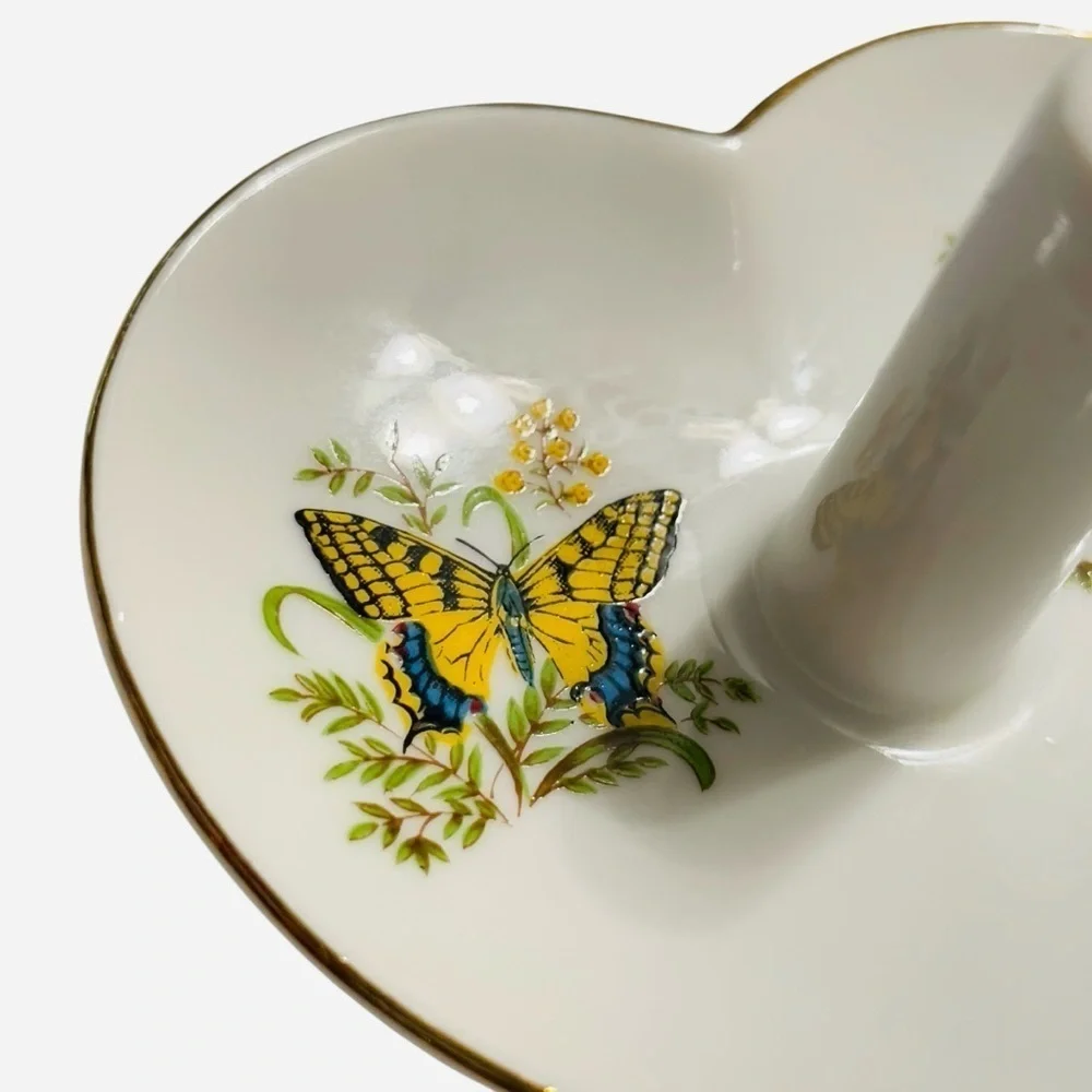 Vintage Heart Shaped Butterfly Ring Holder Porcelain Japan Trinket Dish 4